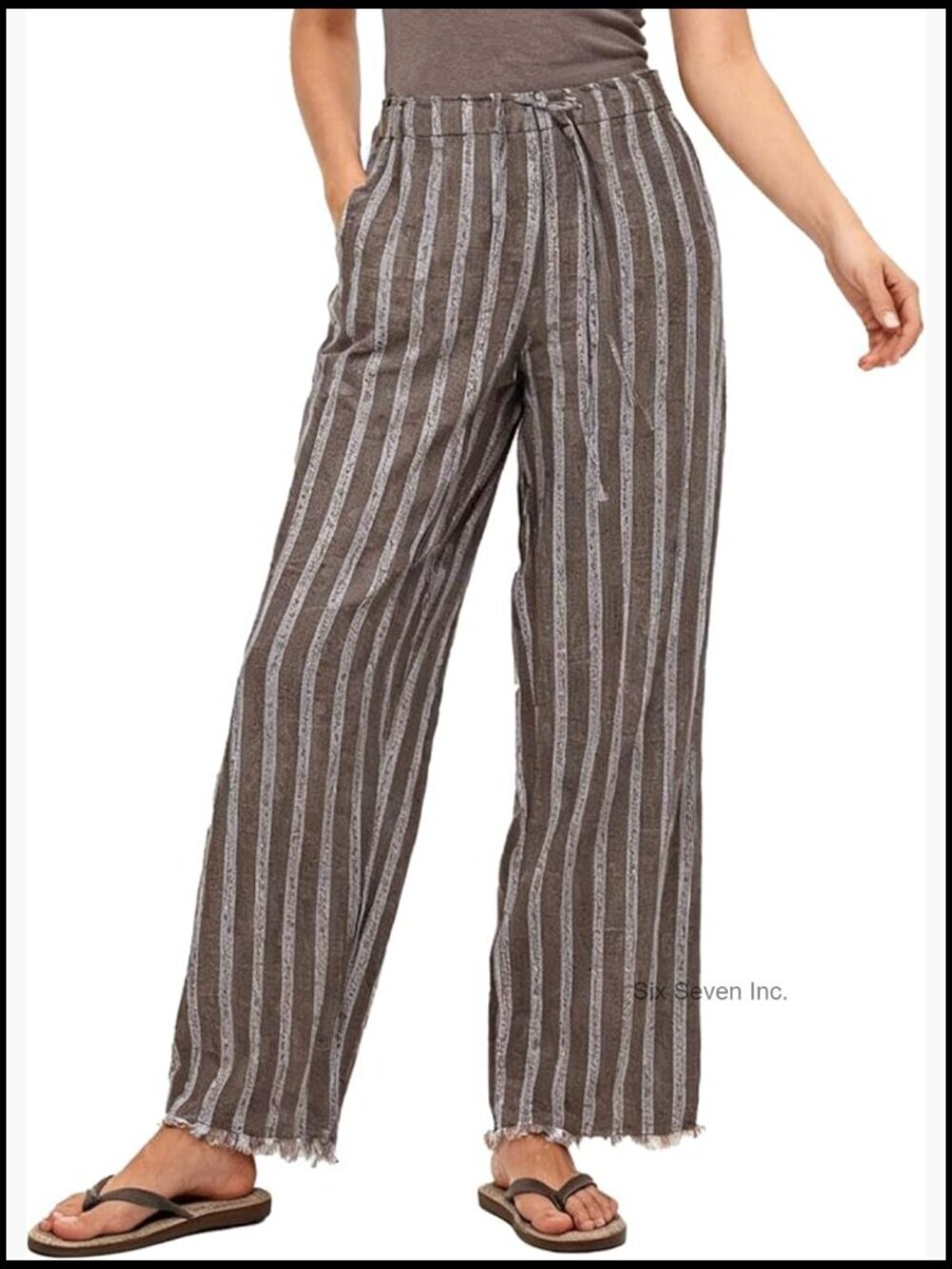 100% Linen Wide Leg Pants Striped Drawstring Pants with Pockets